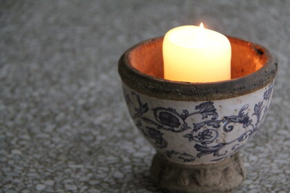 small lit candle in chalice