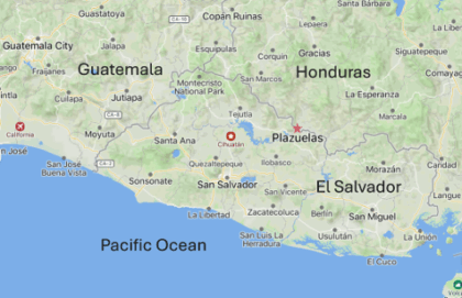 Map with a star marking Plazuelas in El Salvador near the Honduras border