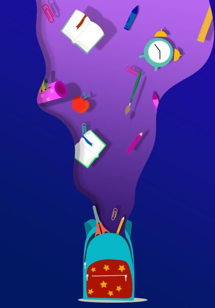 image of school supplies flowing into a school backpack